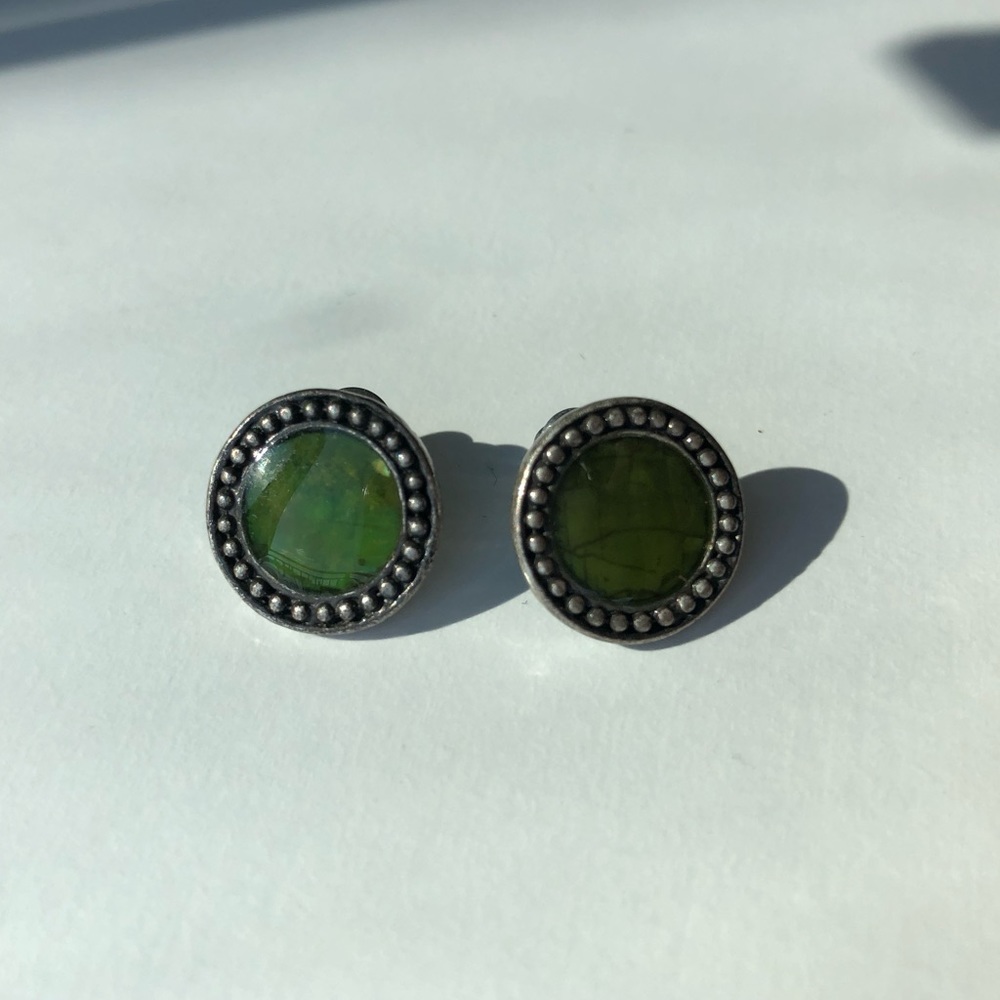 Green and silver disk post earrings